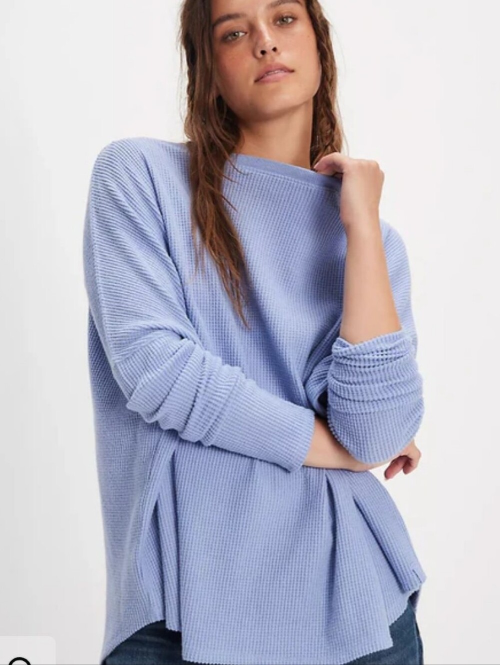 FREE PEOPLE We The Free latte blues solid thermal top in dawn breeze Size Small